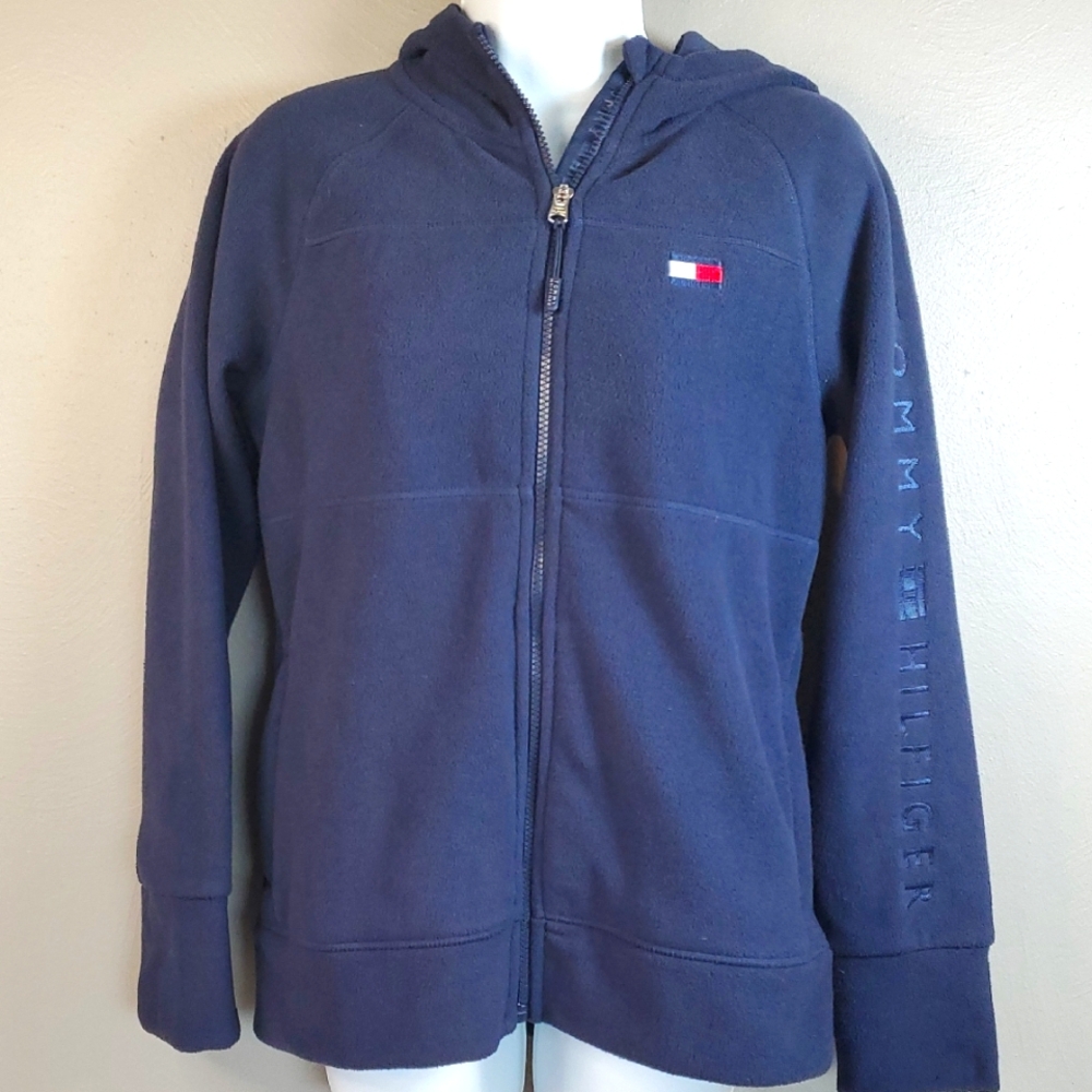 Tommy Hilfiger women's hooded, blue micro fleece jacket, size small